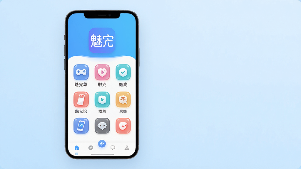 主体:魅忑应用主界面展示,一部智能手机屏幕正中央显示魅忑的logo与主功能列表。布局:手机位于画面中央偏左,右侧留有留白区域,背景为干净浅蓝色渐变。排版:手机屏幕内功能图标按网格排列,底部有导航栏,整体信息层级清晰。风格:现代扁平化,色彩明快,科技感。细节:界面文字清晰标注“魅忑”字样,功能图标圆润,高光柔和。画质:超高清渲染,干净,无多余元素。