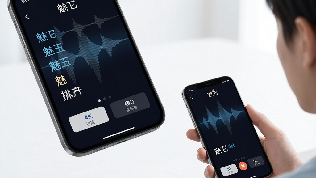 主体:魅忑智能语音交互场景,用户对着手机说话,屏幕显示语音波形与识别文字。布局:用户手部持手机位于画面右下角,屏幕内容放大展示在左上方,形成视觉引导。排版:屏幕内语音识别文字逐字出现,下方有功能按钮。风格:写实与科技结合,光线明亮。细节:手机屏幕上显示“魅忑”名称,语音波形动画流畅。画质:4K高清,干净,无多余元素。