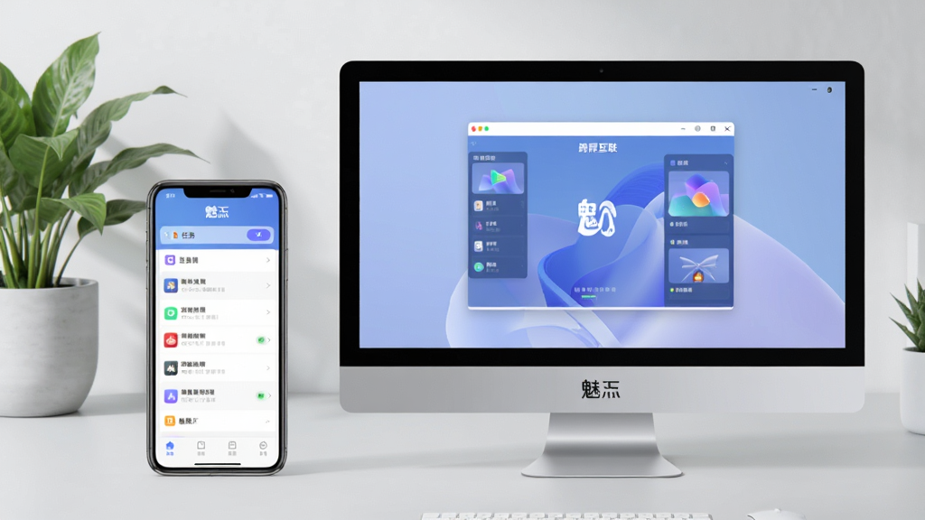 主体:魅忑使用场景示意图,一部手机与一台电脑并排,屏幕上显示魅忑应用界面。布局:手机在左,电脑在右,背景为浅灰色桌面,有绿植点缀。排版:手机屏幕显示任务列表,电脑屏幕显示跨屏互联窗口。风格:清新商务,光线自然。细节:设备上标注“魅忑”字样,画面整洁。画质:高清,干净,无多余元素。