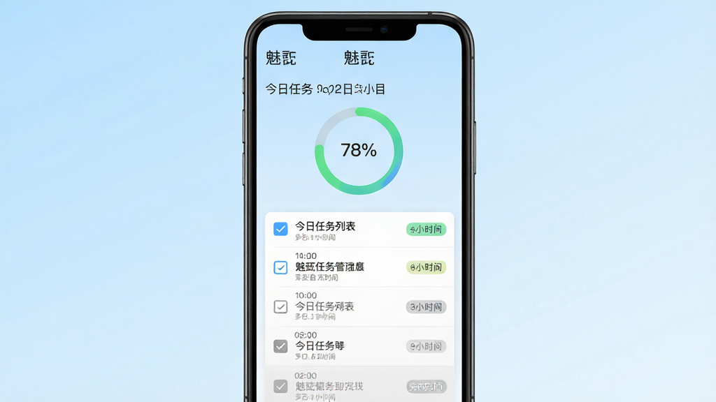 主体:魅忑任务管理界面,显示今日任务列表与完成进度环。布局:手机竖屏界面居中,背景为淡蓝色渐变,任务列表每项带复选框与时间标签。排版:顶部为日期与进度环,下方任务按时间排序,已完成项置灰。风格:简约商务,信息密度高。细节:界面顶部有“魅忑”字样,进度环颜色清新。画质:高清,干净,无多余元素。