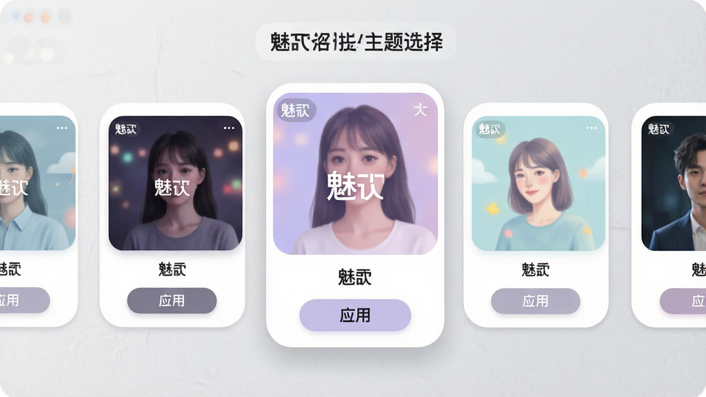 主体:魅忑个性化主题选择页面,展示多款不同风格的主题卡片。布局:主题卡片以横向滑动方式排列,当前选中主题放大居中,背景为浅灰质感。排版:每张卡片显示主题缩略图与名称,底部有“应用”按钮。风格:清新简约,卡片圆角设计。细节:卡片上标注“魅忑”字样,色彩柔和。画质:高清渲染,干净,无多余元素。