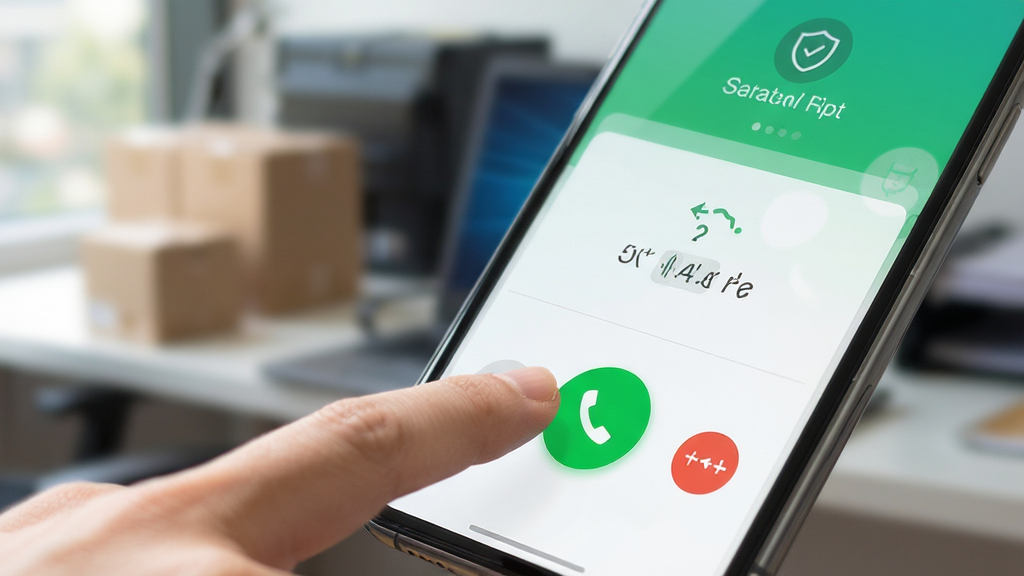 手指点击快递虚拟号助手应用界面上的绿色拨号按钮,屏幕出现通话中的状态界面,背景虚化处理,突出前景的按钮与通话界面,整体色调明亮,强调安全、便捷的感觉,画质清晰,无多余元素