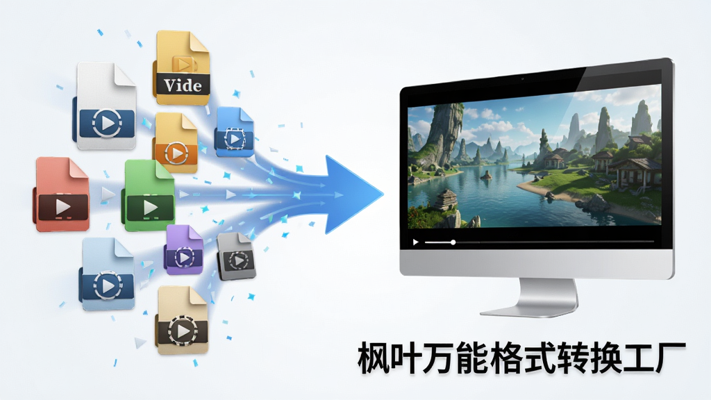 一张展示多种视频和音频格式文件图标汇聚成箭头指向一个显示器,显示器上播放着流畅画面,旁边显示“枫叶万能格式转换工厂”字样的概念图,布局清晰,风格写实,细节丰富,高画质,干净无多余元素