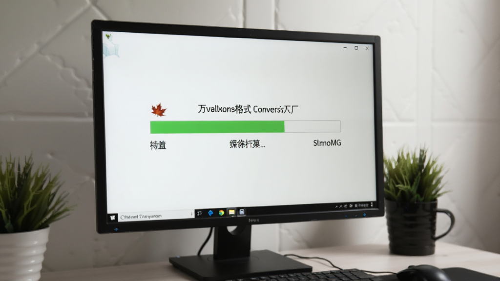 一张展示电脑上进行视频转换的实拍图,屏幕中显示枫叶万能格式转换工厂转换进度条,周围环境整洁,光线柔和,画质清晰,无多余元素