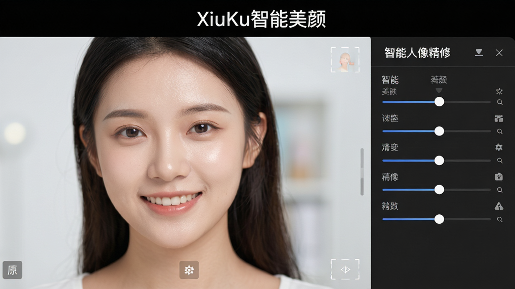 一张高清人像特写照片的编辑界面预览图,主体为一位面带微笑的年轻女性半身像,界面右侧显示XiuKu的智能美颜调节滑块。布局为左右分栏,左侧是原图与效果图对比,右侧是参数面板。排版简洁清晰,突出“智能人像精修”功能。风格为写实摄影与UI界面结合,细节上展示皮肤质感的优化过程。画质细腻,人物肤质通透自然,背景虚化干净,无多余文字元素,图片上方标注“XiuKu智能美颜”。