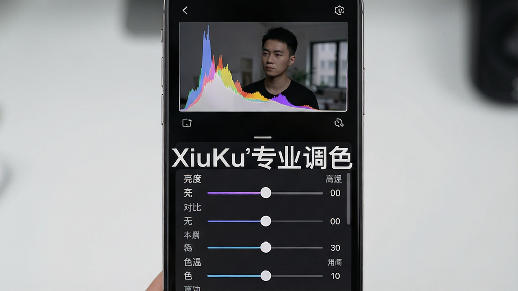 一张展示XiuKu专业调色工具界面的图片,主体是手机竖屏界面,屏幕上显示着直方图以及亮度、对比度、色温等多个调节滑块。布局采用上下结构,上方为预览图,下方为可滚动的参数列表。风格为深色UI界面,突出专业感与数据可视化。细节上,滑块带有数值显示,预览图在被调整时呈现细微变化。画质锐利,界面干净无冗余元素,屏幕中央以文字标注“XiuKu专业调色”。