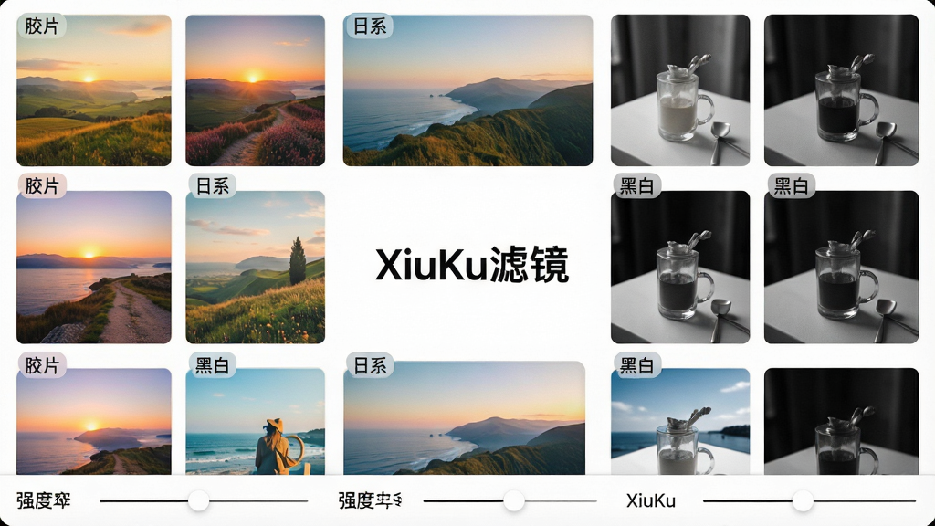 一张展示XiuKu滤镜库的界面截图概念图,主体是排列成网格状的多种滤镜缩略图,每张缩略图显示不同色调的风景或静物照片。布局采用九宫格形式,底部设有滤镜名称与强度滑动条。排版规整有序,风格明亮且富有艺术感,细节处能看到“胶片”、“日系”、“黑白”等分类标签。画质清晰,色彩表现力强,整体干净整洁,无多余装饰,屏幕中央有“XiuKu滤镜”字样。