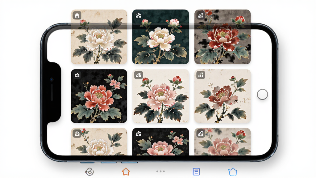 以“花初”应用界面为背景的横版展示图,主体是手机屏幕特写,屏幕上分类展示着各种风格的花卉国画壁纸缩略图,布局采用九宫格形式,排版整齐有序,风格为清新华丽的UI设计预览图,细节包括壁纸的精细纹理和界面图标的柔和阴影,整体画质高清干净,无多余元素。