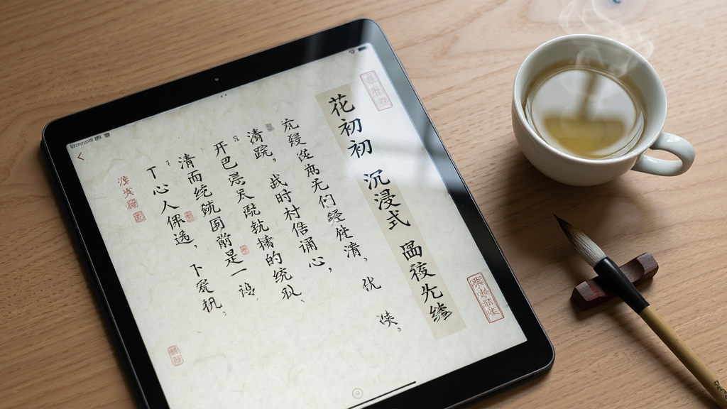 营造“花初”沉浸式阅读氛围的场景图,主体为一部平板电脑斜放在木质桌面上,屏幕显示竖排的古典诗词文字,旁边有一杯冒着热气的清茶和一只毛笔,布局为静谧的俯拍视角,排版自然雅致,风格为写实的生活摄影风格,细节上突出屏幕上的宣纸纹理和茶水倒影,整体画质柔和干净,无多余元素。