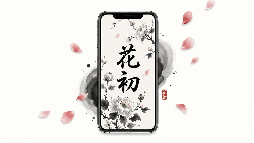 一幅展现“花初”应用核心全貌的竖版概念图,主体为一部亮屏的智能手机,屏幕界面优雅简洁,显示着淡雅的水墨花卉壁纸和“花初”二字艺术字体,手机周围环绕着飘落的花瓣与淡淡的墨迹,布局以手机为中心居中构图,排版留白得当,风格融合现代扁平化与古典国潮插画,细节上突出屏幕内的高清画质与界面质感,整体画质细腻干净,无多余元素。