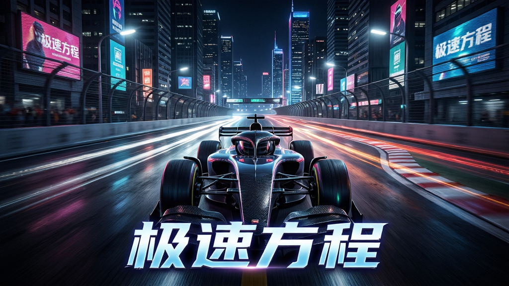 一张《极速方程》夜晚赛道的宣传图,主体是赛车在灯光璀璨的城市赛道夜赛中疾驰,车灯拖出光轨。布局采用对称构图,赛道位于画面中央,两侧是摩天大楼和霓虹灯广告牌。排版上,画面底部中间有游戏名称