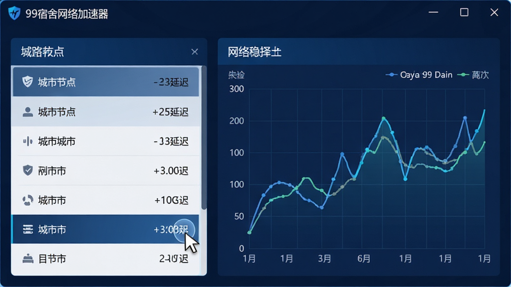 一张功能界面截图风格的生图,主体是“99宿舍网络加速器”软件内置的线路选择面板,左侧列表清晰列出多个城市节点及实时延迟数字,右侧是动态折线图展示网络稳定性。画面布局规整,排版清晰,采用深蓝色科技风格UI界面,细节包含鼠标指针正在点击延迟最低的节点,画质清晰,干净,无多余元素。
