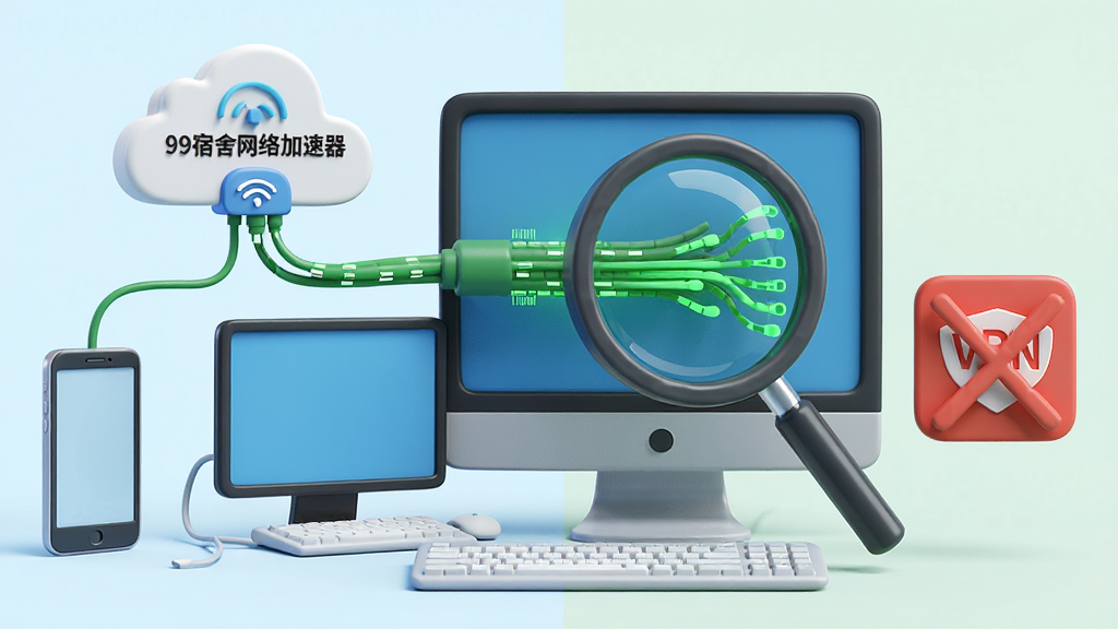 一张3D风格的生图,主体是电脑屏幕前有一个放大镜正在审视网络管道中的数据流,数据流呈现绿色顺畅状态。画面左侧是手机和电脑同时连接“99宿舍网络加速器”的云节点示意图,右侧是一个打叉的红色VPN软件图标。布局具有对比性,排版富有教育意义,插画风格,细节突出正确与错误的使用方式对比,画质干净,无多余元素。