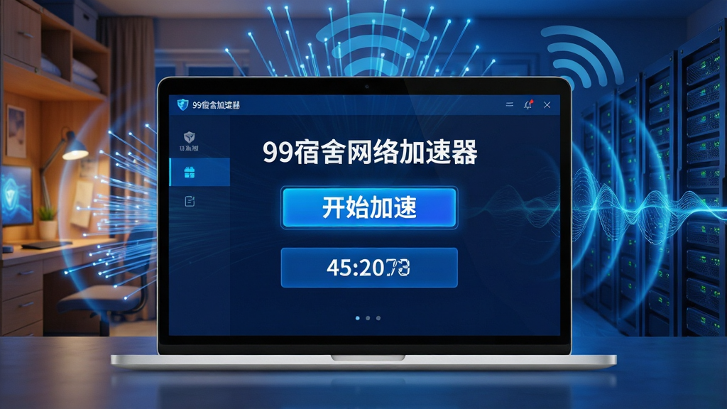 一张现代感十足的科技感横版宣传图,主体是笔记本电脑屏幕上显示“99宿舍网络加速器”的加速界面,界面有醒目的“开始加速”按钮和实时延迟数字。背景为抽象的光纤网络线条和代表稳定信号的波纹,整体布局大气,排版干净,风格融合了校园宿舍的温馨元素与高性能服务器的科技蓝,细节上突出速度感和稳定感,画质高清,干净,无多余元素。