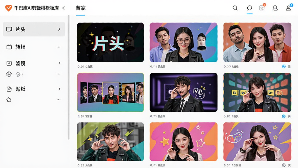展示千巴库AI剪辑工具模板库界面,左侧分类列表包含“片头”、“转场”、“滤镜”、“贴纸”等,右侧以网格形式展示各种模板缩略图,风格活泼,色彩鲜艳,画质清晰,干净无多余元素