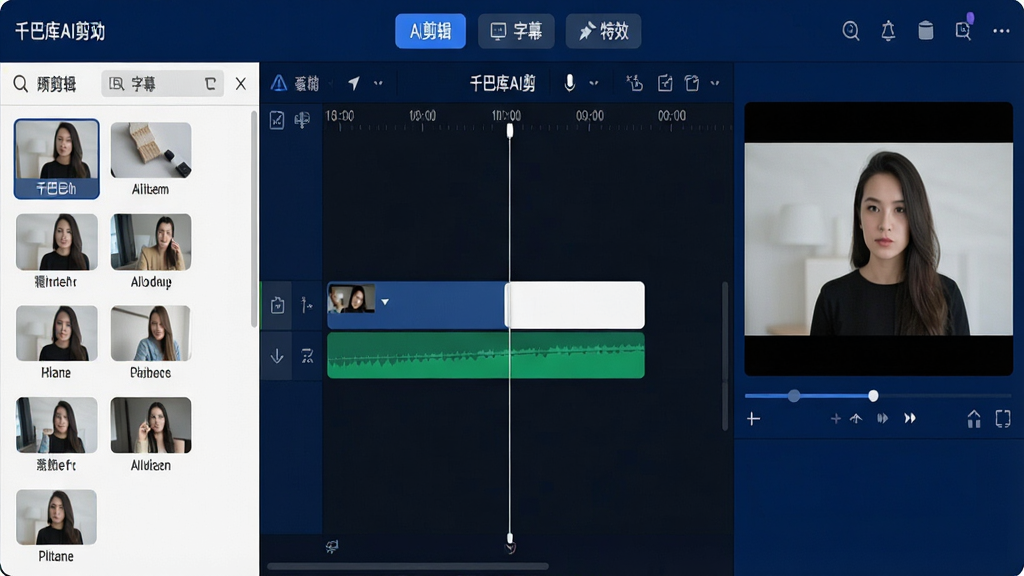 一张展示千巴库AI剪辑工具主界面的高清截图,界面中央显示时间线编辑区域,左侧为素材库面板,右侧为预览窗口,顶部工具栏包含“AI剪辑”、“字幕”、“特效”等按钮,整体风格现代简约,色彩以深蓝和白色为主,画质清晰,干净无多余元素