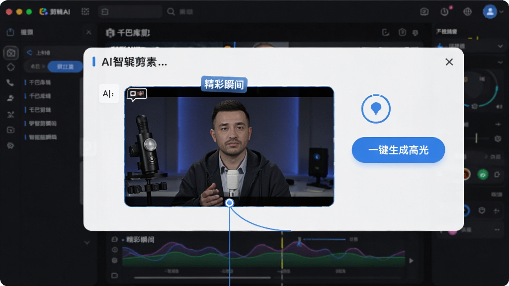 展示千巴库AI剪辑工具AI智能剪辑功能的使用过程,界面中一个视频片段被自动标记为“精彩瞬间”,旁边有“一键生成高光”按钮,背景为软件主界面,布局清晰,风格科技感,画质高清,干净无多余元素