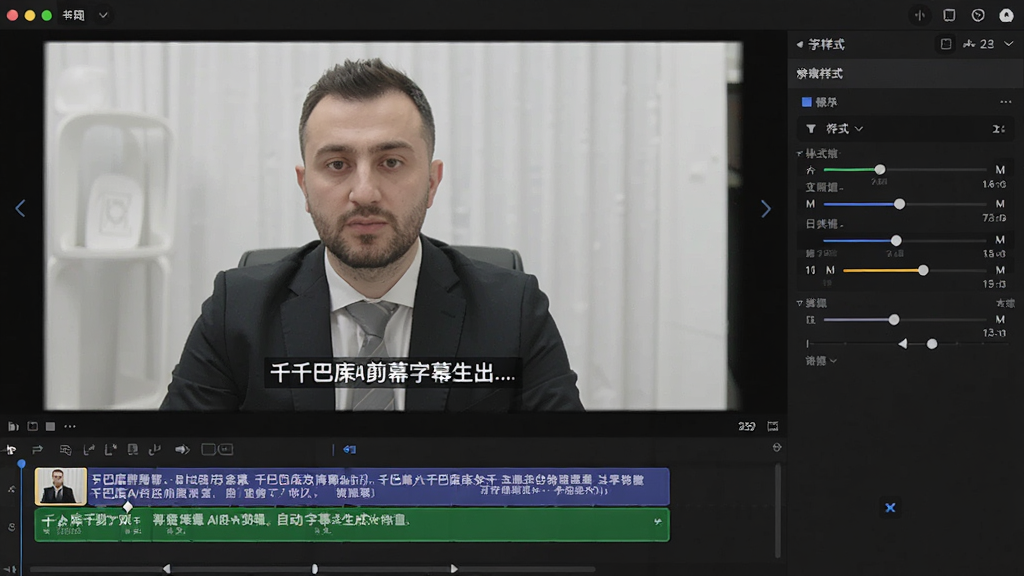 展示千巴库AI剪辑工具自动字幕生成的效果,视频预览画面下方显示已生成的字幕轨道,字幕文字清晰可见,右侧为字幕样式调整面板,界面整洁,风格专业,画质干净,无多余元素