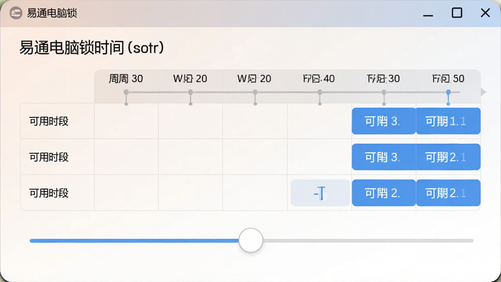 易通电脑锁时间设置界面,展示一周七天的时间轴表格和拖动滑块,界面清晰,配色柔和,带有“可用时段”蓝色高亮标记,画质干净,无多余元素。