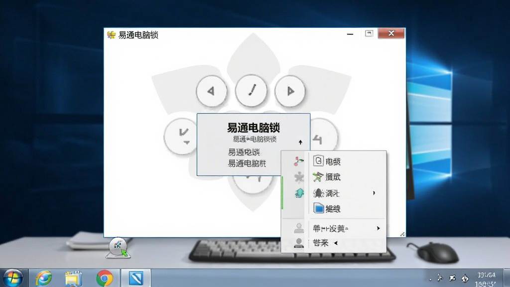 易通电脑锁在Windows桌面上的运行状态图,显示托盘图标与主窗口弹出菜单,背景为工作桌面,整体干净明亮,画质清晰。