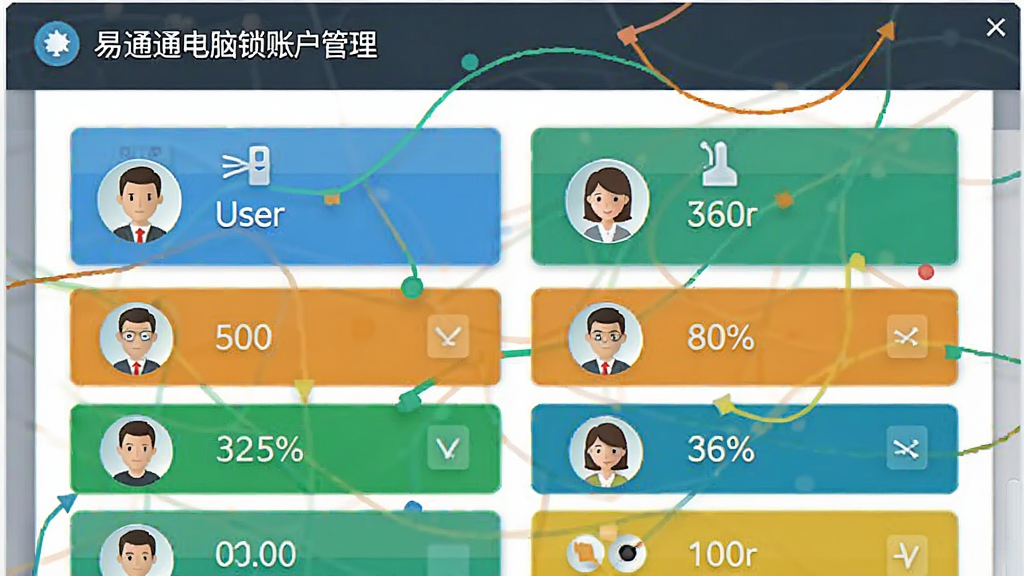 易通电脑锁账户管理页面,显示不同用户头像与权限等级列表,界面采用卡片式布局,图标清晰,色彩明快,画质高清,无多余元素。