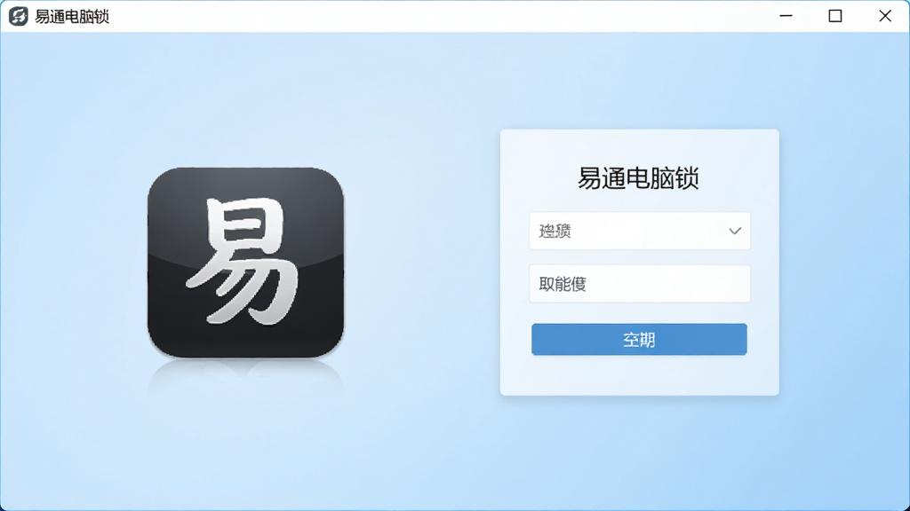 易通电脑锁主界面预览图,显示软件图标、简洁的登录窗口和功能列表,背景为干净的淡蓝色渐变,整体风格商务且现代,画面清晰干净,无多余元素,画质高清。
