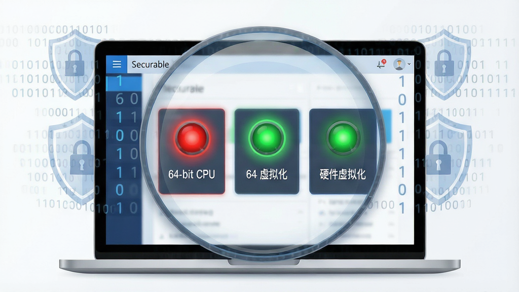 一张软件功能演示图,主体为笔记本电脑屏幕放大特写,屏幕上显示Securable主界面,三个检测项目分别用红绿指示灯标识。布局上以界面为中心,周围环绕半透明的二进制代码与盾牌纹路作为装饰。排版采用左右对称构图,风格偏向科技插画,细节上指示灯边缘有柔和光晕,文字“64-bit CPU”、“硬件虚拟化”清晰可见,画质细腻,背景干净无杂物。