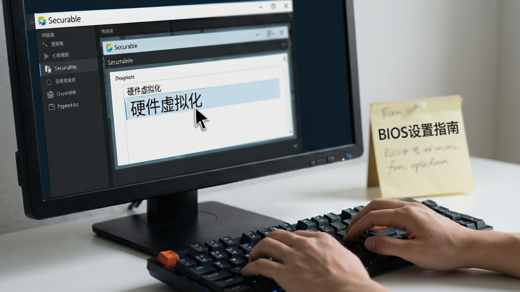 一个教学场景图,主体为电脑屏幕与真人双手操作键盘,屏幕上显示Securable软件主界面,光标正悬停在“硬件虚拟化”项目上。布局采用侧视角,键盘与屏幕各占一半。排版写实风格,细节中软件窗口边缘有微光,屏幕旁放置一张写有“BIOS设置指南”的便签。画质清晰,光线柔和,无多余元素。