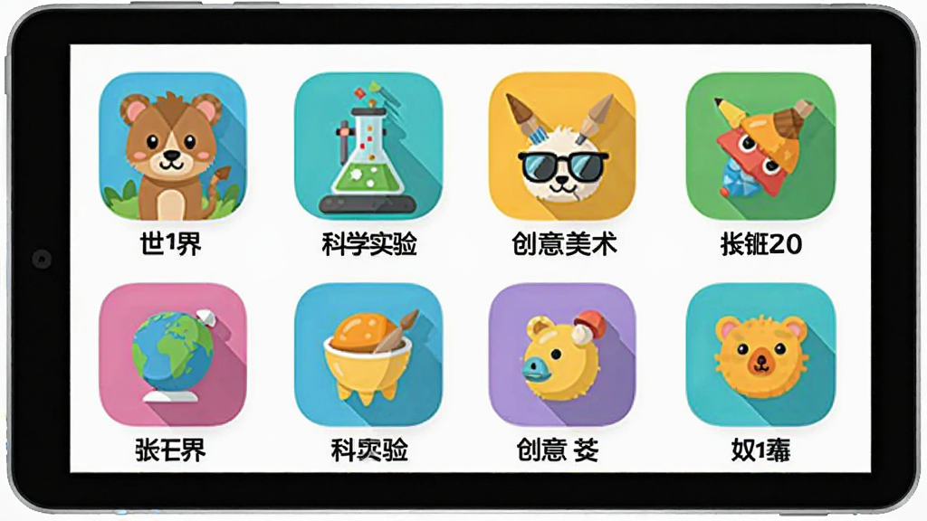 KidZui儿童浏览器内容库分类展示界面,屏幕上整齐排列着动物世界、科学实验、创意美术等卡通图标,每个图标下方有中文标签,整体布局清晰,色彩鲜艳明快,扁平化设计,画质高清,无多余元素