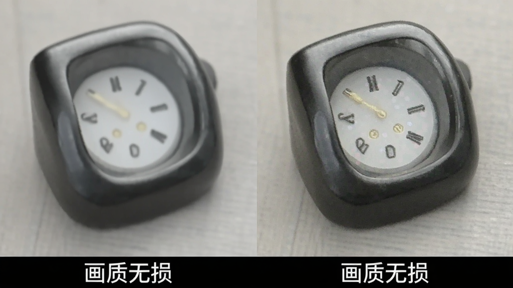 对比图,左侧为转换前的原图,右侧为使用迷你图片格式转换器转换后的图片,两图放大细节均清晰可见,色彩一致,无任何模糊或噪点,底部标注“画质无损”,画质干净无多余元素