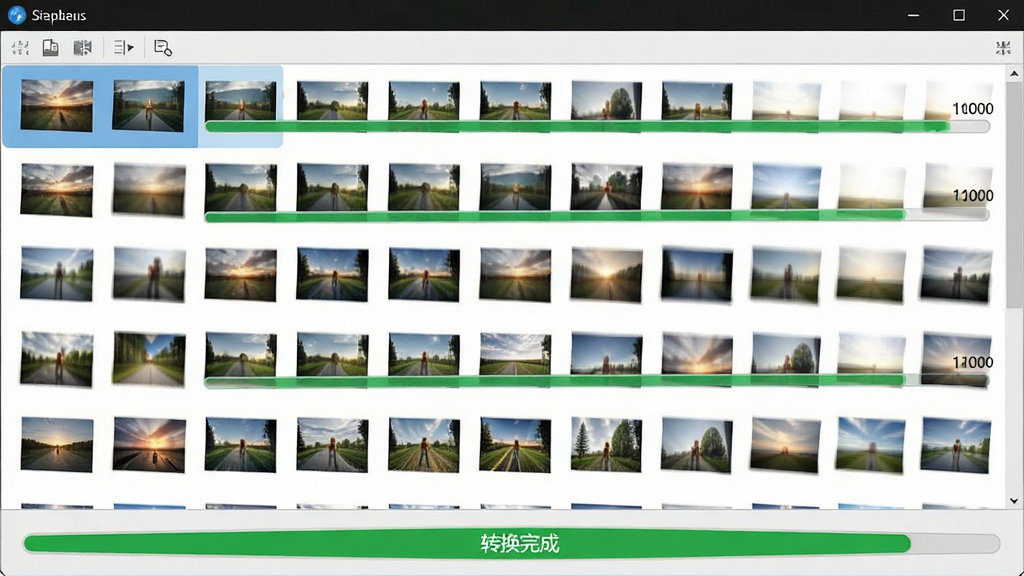 一张动态效果图,展示迷你图片格式转换器同时处理多张图片时的界面,图片列表中有多张缩略图正在快速依次转换,进度条全部显示100%,界面底部有“转换完成”的绿色提示,画质清晰,干净无多余元素