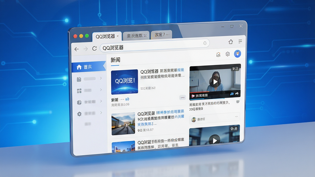 主体:QQ浏览器软件界面在现代化桌面上展示,背景为渐变蓝色科技感光效。布局:居中展示浏览器主窗口,地址栏输入“QQ浏览器”字样,页面内容显示新闻资讯与视频推荐。排版:页面顶部为标签栏,左侧为侧边栏图标,整体简洁清晰。风格:写实3D渲染风格,高光质感。细节:窗口边缘有柔和阴影,屏幕反光自然。画质:8K超清,细节丰富,干净,无多余元素。