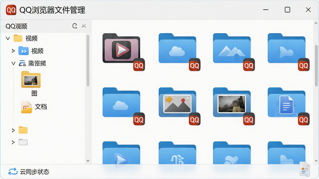 主体:QQ浏览器文件管理界面展开,显示多个文件夹图标(视频、图片、文档)。布局:左侧为文件夹树状列表,右侧为文件缩略图网格。排版:顶部有“QQ浏览器文件管理”标题栏,底部有云同步状态条。风格:简洁商务风格,浅色背景。细节:文件图标右下角有QQ浏览器小Logo角标。画质:超清,干净,无多余元素。
