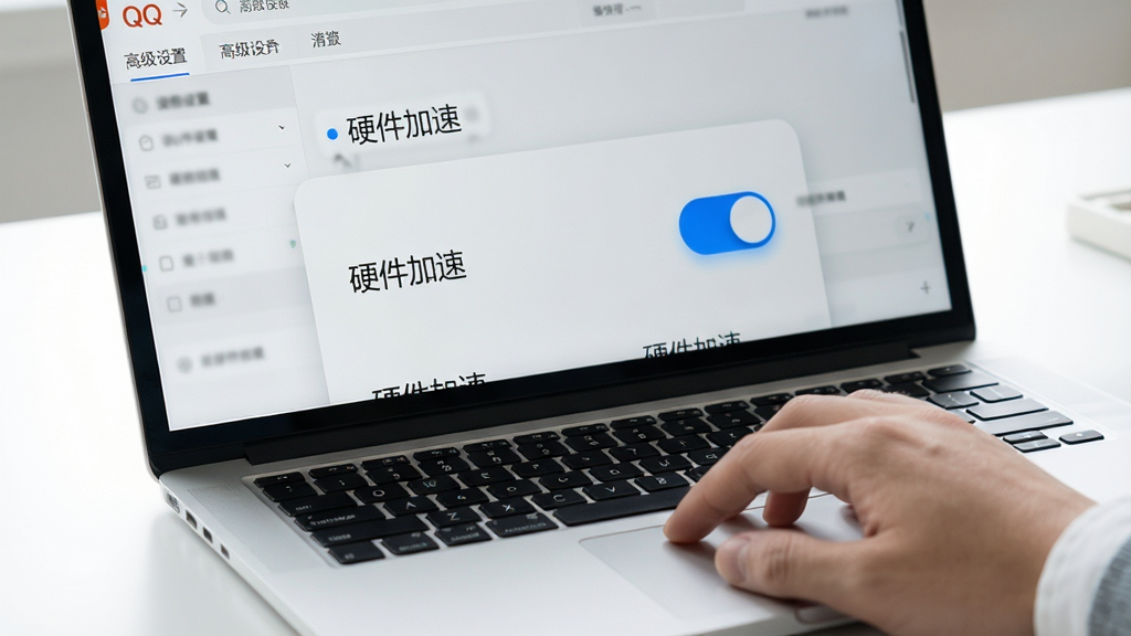 主体:用户手指在笔记本电脑触控板上操作,屏幕显示QQ浏览器设置界面,突出“硬件加速”开关。布局:笔记本位于画面中心,屏幕内容放大呈现。排版:屏幕上方有“高级设置”标签。风格:现代简约写实风。细节:开关按钮为蓝色高亮。画质:高清,干净,无多余元素。
