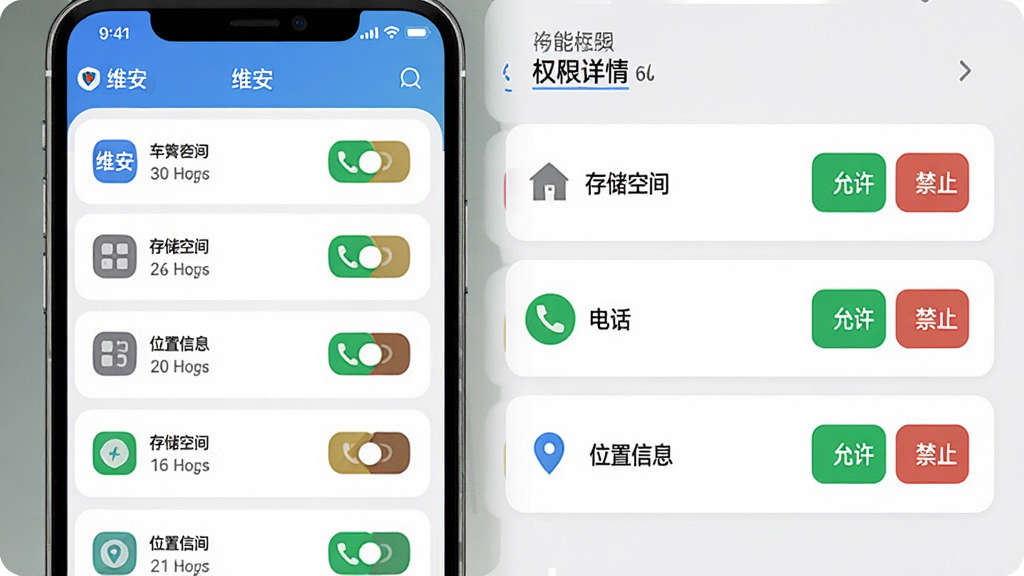 “维安”软件的隐私保护功能界面预览图,画面左侧是手机应用列表,右侧显示该应用的权限详情,如“存储空间”、“电话”、“位置信息”,每个权限旁都有允许或禁止的绿色和红色按钮,界面风格简洁清晰,采用卡片式布局,色调清爽,画质高清,无多余元素