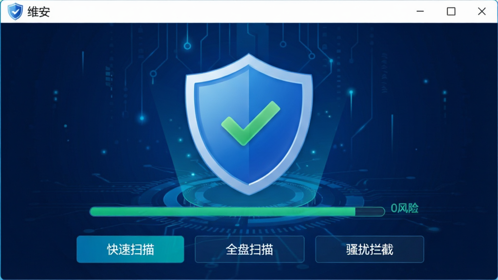 “维安”软件病毒查杀功能的预览图,界面展示扫描进度条,下方有“快速扫描”、“全盘扫描”和“骚扰拦截”选项,背景为深蓝色科技感风格,扫描完成提示“0风险”,画面中央一个放大的盾牌图标,盾牌上打着对勾,整体风格明亮清晰,画质干净,无多余元素
