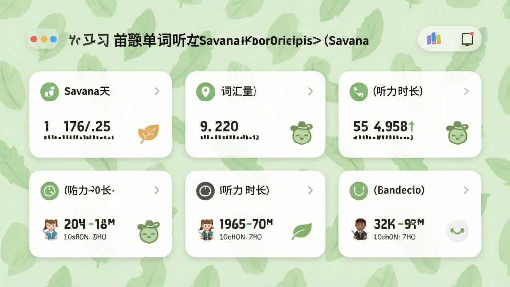 展示Savana背单词听力阅读软件的学习统计界面,有学习天数、词汇量、听力时长等数据卡片,背景浅绿色,风格清新自然,干净无多余元素,画质高清