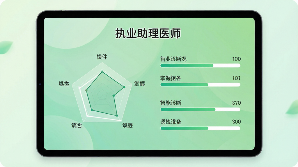 平板电脑上展示“执业助理医师”App的个性化学习报告页面,页面以雷达图与进度条形式展示各学科掌握情况,背景采用柔和的渐变绿色,画面风格清新简约,图表数据清晰易读,突出智能诊断功能,画质高,整体构图干净,文字“执业助理医师”在页面顶部显示