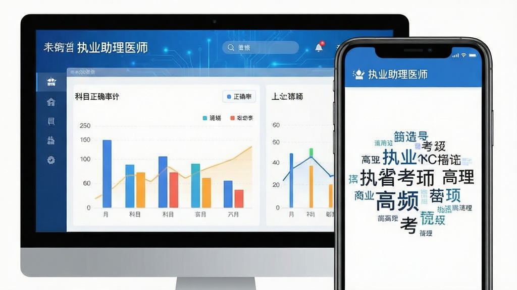电脑与手机并排展示“执业助理医师”App的数据分析后台界面,屏幕上显示着各科目正确率统计柱状图与高频考点词云,图表色彩鲜明,排版整齐,画面风格为现代扁平化设计,结合科技感蓝色背景,强调数据可视化的清晰度与专业感,文字标识“执业助理医师”清晰可见,画质干净,无多余元素