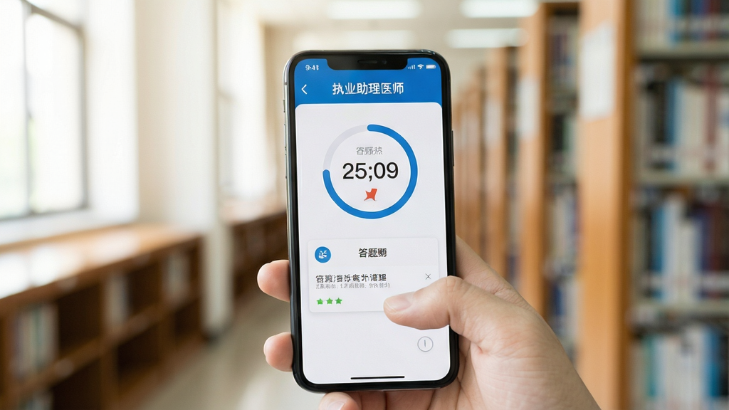一只手握着智能手机,屏幕显示“执业助理医师”App的答题计时界面,界面有倒计时圆环和答题卡,背景虚化的图书馆书架,画面光线明亮柔和,突出手机操作细节,构图干净,照片级真实,画质清晰,无多余元素
