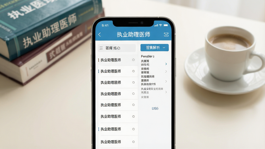 一张智能手机屏幕特写,屏幕正面展示“执业助理医师”App的题库练习界面,界面设计简洁清晰,左侧显示题目列表,右侧为答案解析区域,手机背景是干净整洁的书桌,摆放着医学书籍和一杯咖啡,画面构图居中,采用浅色调背景,照片级真实渲染,画质8K,干净无多余元素,重点突出App界面文字“执业助理医师”