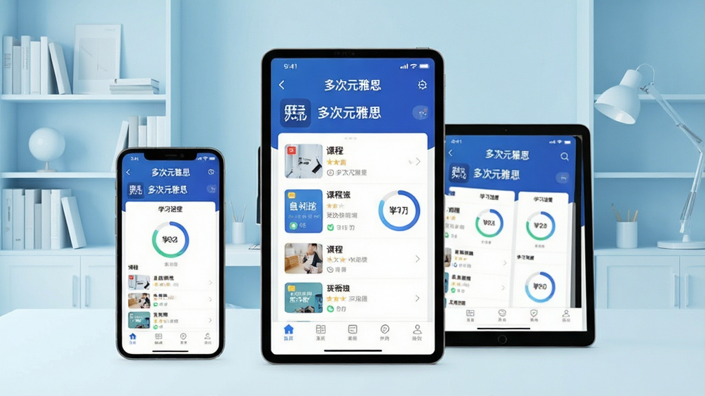 一张展示多次元雅思App在手机和平板设备上同时运行的高清宣传图,画面中央是App主界面,包含“多次元雅思”品牌标识、课程列表与学习进度环,背景为简约明亮的现代书房,浅蓝色调,整体风格专业且清新,UI界面排版整洁,画质清晰干净,无多余元素