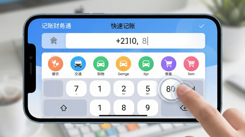 主体:手机横屏展示“记账财务通”的快速记账界面,一个大大的数字键盘占主导,上方显示金额输入框,下方是彩色圆形的分类图标(餐饮、交通、购物等)。布局:键盘位于下方居中,分类图标横向排列,整体构图平衡。排版:大按钮设计,间距适中,便于单手操作。风格:清爽的卡片风格,色彩活泼明快。细节:有手指点击图标的动画效果,界面响应流畅,背景虚化。画质:高清渲染,质感细腻,干净,无多余元素。