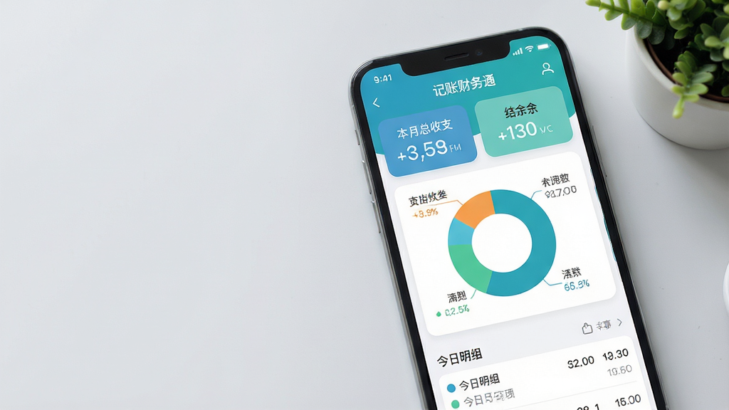 主体:智能手机屏幕特写,屏幕内是“记账财务通”APP主界面,顶部显示本月总收支和结余金额,中间是环形饼图展示分类支出占比,底部列表为今日明细。布局:手机位于画面中央偏右,左侧留白,界面清晰可见。排版:界面信息层级分明,卡片式设计,圆角元素。风格:现代扁平化设计风格,色彩清新明亮,以蓝绿色为主色调。细节:界面文字清晰,数据准确,背景为浅灰色桌面,有绿植点缀。画质:4k超高清,光线柔和,干净,无多余元素。