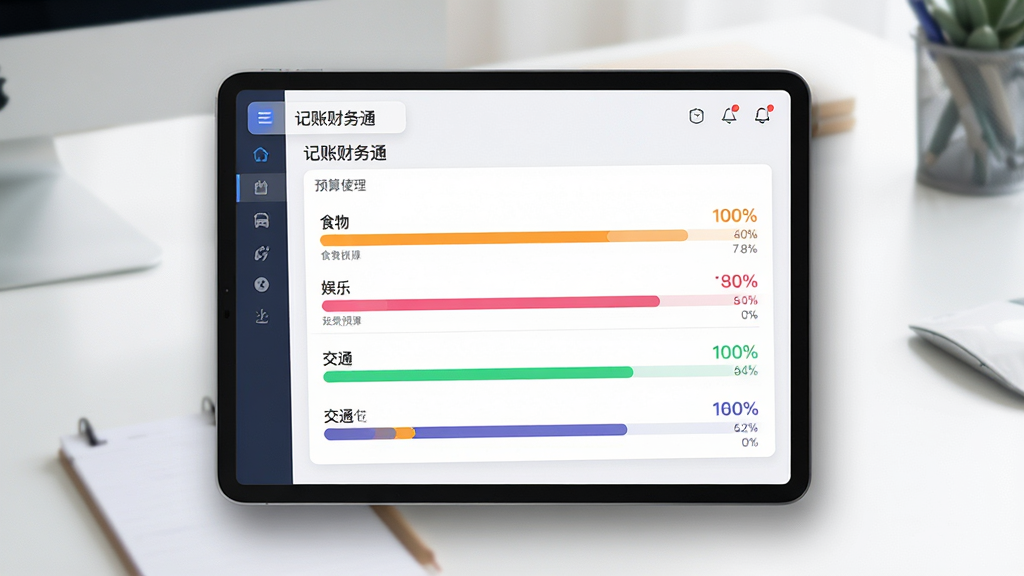 主体:平板电脑屏幕显示“记账财务通”的预算管理页面,采用仪表盘和进度条形式展示各分类预算使用情况,有“食物”、“娱乐”、“交通”等条目。布局:屏幕居中,四周有柔和的阴影,背景为简洁的工作台。排版:数据可视化,色彩鲜艳的进度条,直观明了。风格:商务简约风格,带有科技感。细节:预算条有不同颜色区分,并标注百分比,界面干净整洁。画质:高清细节丰富,明亮通透,无多余元素。