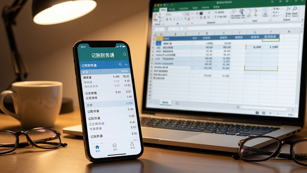 主体:一部手机和一台笔记本电脑并排放在书桌上,手机屏幕显示“记账财务通”的账单列表,电脑屏幕显示导出数据的Excel表格。布局:手机在前,电脑屏幕在后,形成景深效果。排版:画面元素协调,桌面有咖啡杯和眼镜。风格:生活化场景,写实风格,暖色调灯光。细节:手机界面数据清晰,电脑屏幕可见表格行列,画面温馨。画质:专业摄影质感,细节丰富,干净,无多余元素。