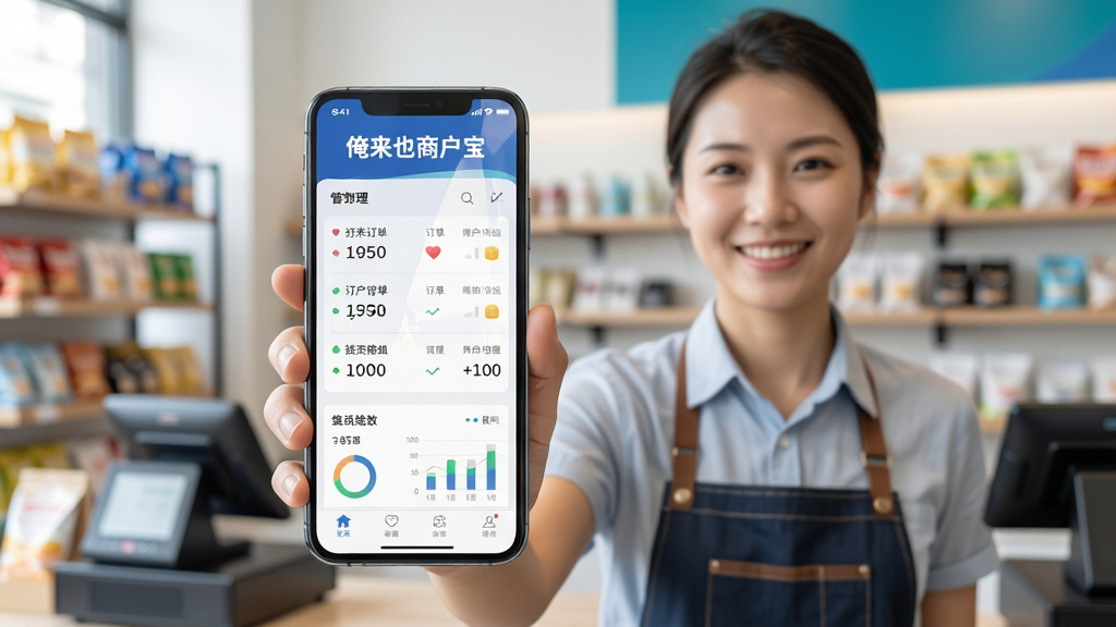 主体:一位店主手持智能手机,屏幕中显示“俺来也商户宝”的订单管理界面,背景为模糊的实体店铺环境,有货架和收银台。布局:中心构图,手机屏幕内容清晰可见,店主面带微笑。排版:手机屏幕界面有“俺来也商户宝”字样,搭配订单列表和统计图表。风格:写实商业摄影风格,明亮通透。细节:手机屏幕光反射自然,店铺环境整洁有序。画质:高清,干净,无多余元素。