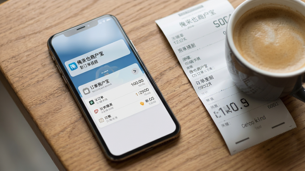 主体:一部智能手机平放在木质桌面上,屏幕显示“俺来也商户宝”的订单提醒通知,旁边有一杯咖啡和收银小票。布局:俯拍视角,手机居中偏左,右侧留白放置咖啡。排版:手机屏幕上的通知栏有“俺来也商户宝”新订单提醒字样,下方为订单摘要。风格:清新商务场景摄影,浅景深。细节:屏幕内容清晰,反射柔和自然。画质:高清,干净,无多余元素。