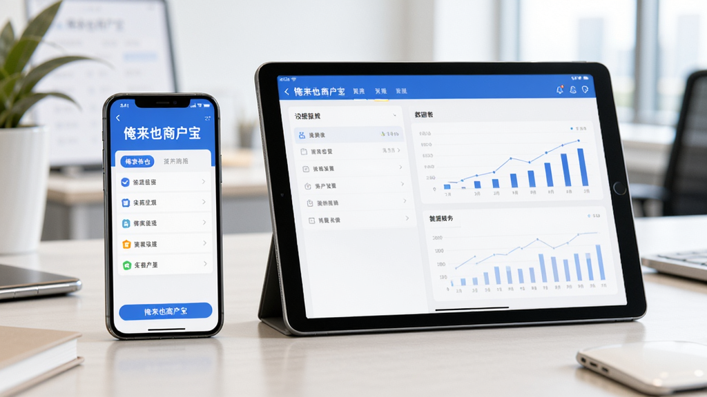 主体:一部智能手机显示“俺来也商户宝”的店铺设置界面,旁边有一个平板电脑同步显示相同内容。布局:手机与平板并排放在办公桌上,屏幕均亮起。排版:手机屏幕上有“俺来也商户宝”字样和功能列表,平板显示数据报表。风格:现代办公环境摄影,光线明亮。细节:设备屏幕显示清晰,无杂乱杂物。画质:高清,干净,无多余元素。