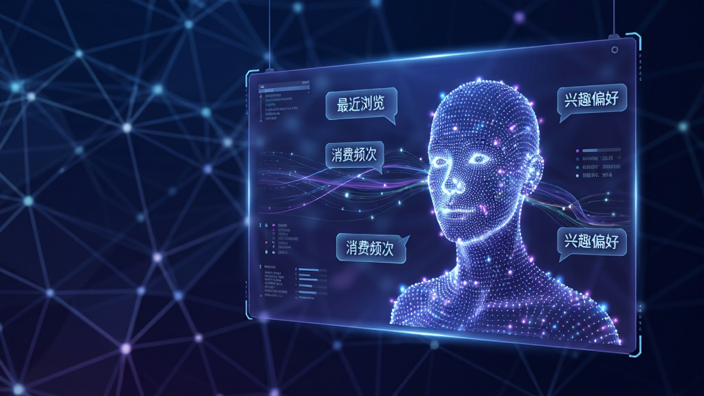 图片主体为一块悬浮在抽象网络背景之上的全息投影屏幕,屏幕中央显示一个由众多光点与数据线条构成的立体人像轮廓,周围环绕着标签化的文字气泡,如“最近浏览”、“消费频次”、“兴趣偏好”。画面布局采用左实右虚的黄金分割,人物轮廓位于右侧焦点。风格为科技感十足的蓝紫色调,光影细节丰富,展现数据流动的轨迹。画质精细,背景干净,无多余元素。